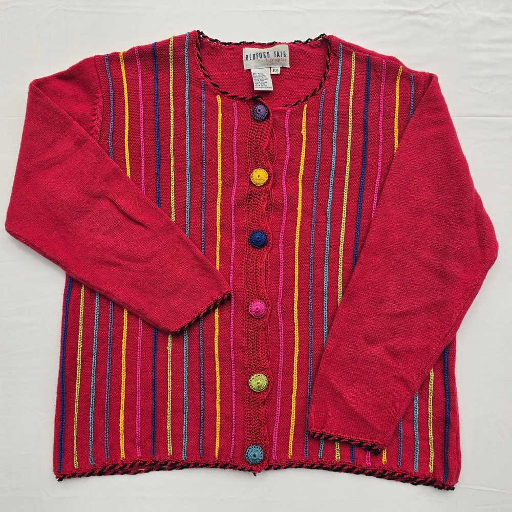 Vintage 90s Bedford Fair Womens PS Red Rainbow Stripe Cardigan Y2K Grannycore